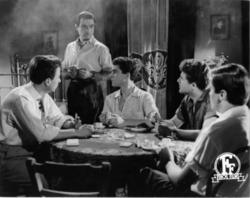 Stefanos Stratigos is after easy money. He is with young men Giorgos Tsitsopoulos (far left) and Vangelis Voulgaridis (first from the right) in a scene from Ntinos Dimopoulos' film The horse carriage